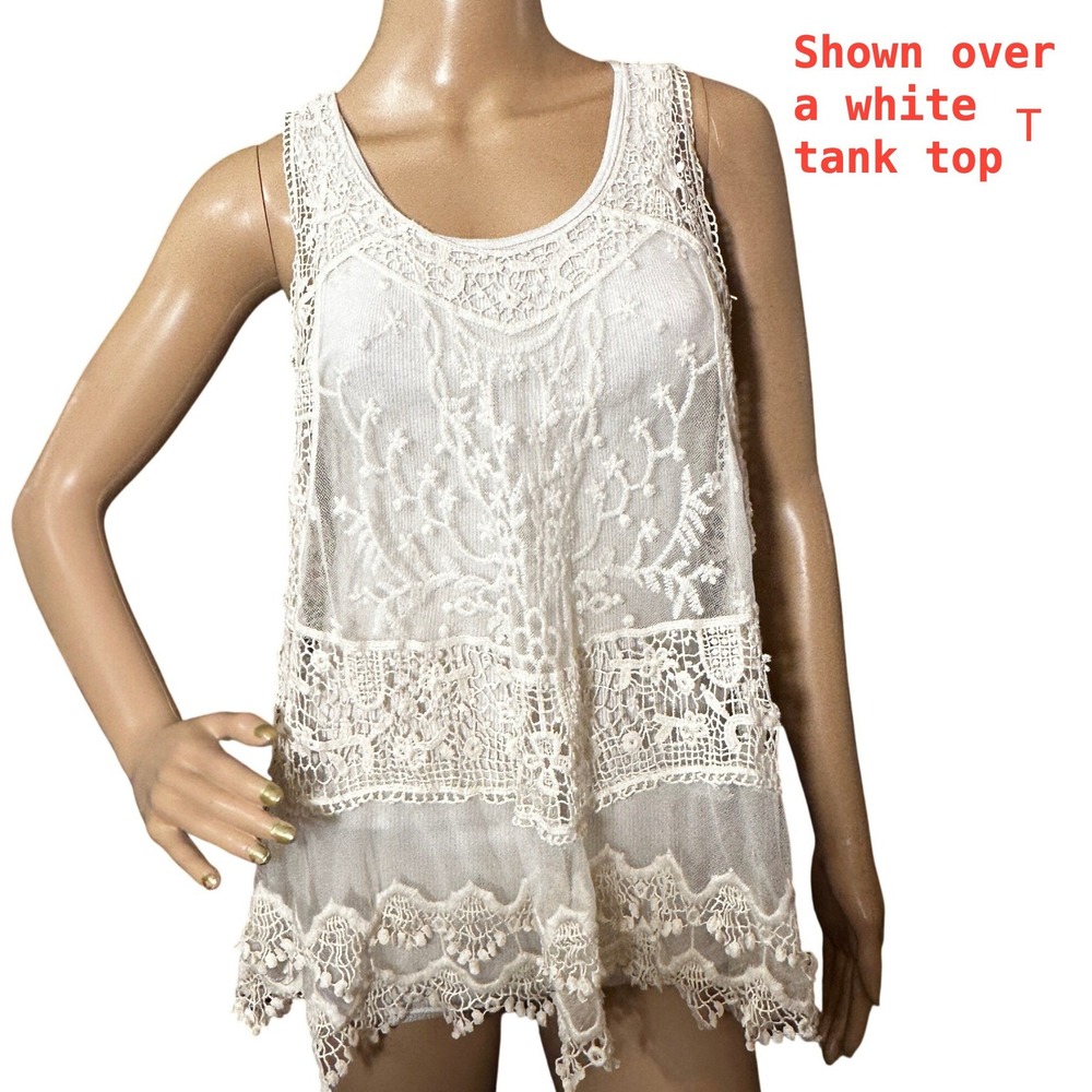 Anthropologie Pins & Needles Tank Small Ivory Lace Sheer Crochet Boho Festival - Picture 4 of 16